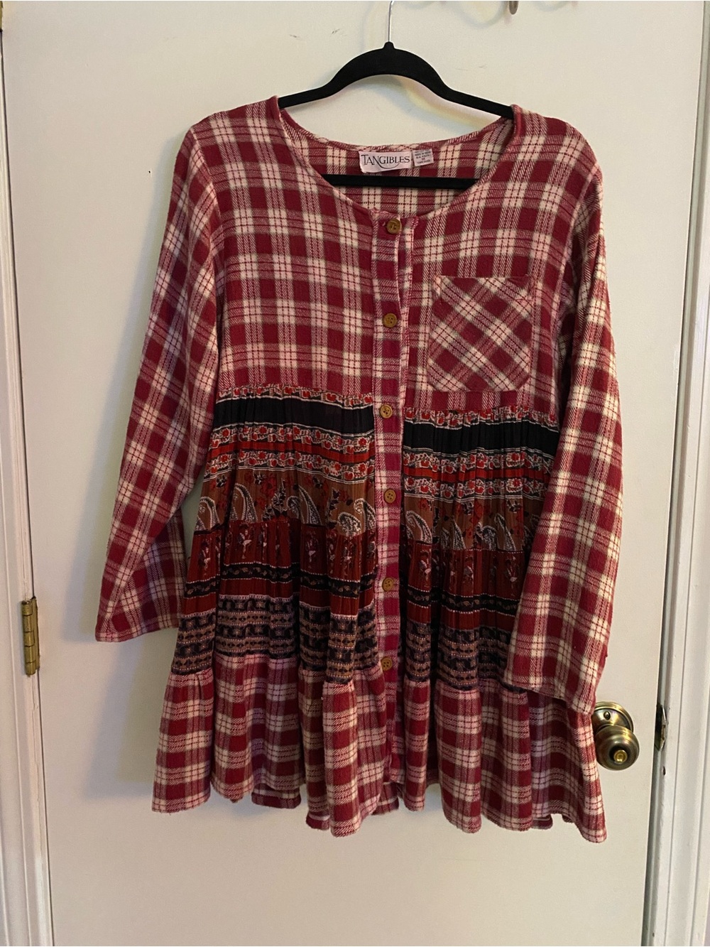 Vintage 90s Tangibles Red Plaid & Boho Print Button-Front Tunic/Minidress